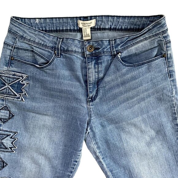 Forever 21 Faded Skinny Jeans with Patched Detailed Patterns on Side | Blue | Si - Picture 2 of 7